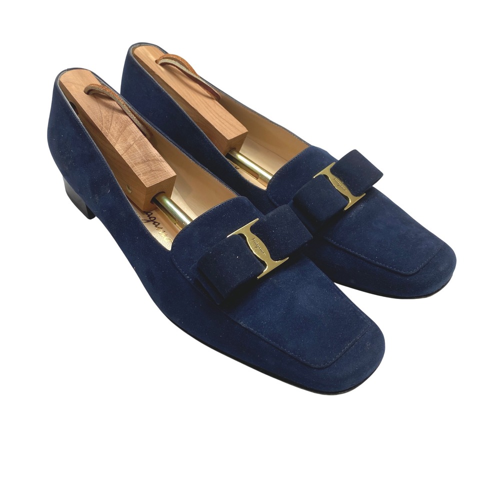 Salvatore Ferragamo Loafers Womens 9 3A Navy Blue F20 Suede Bow Gold Hardware